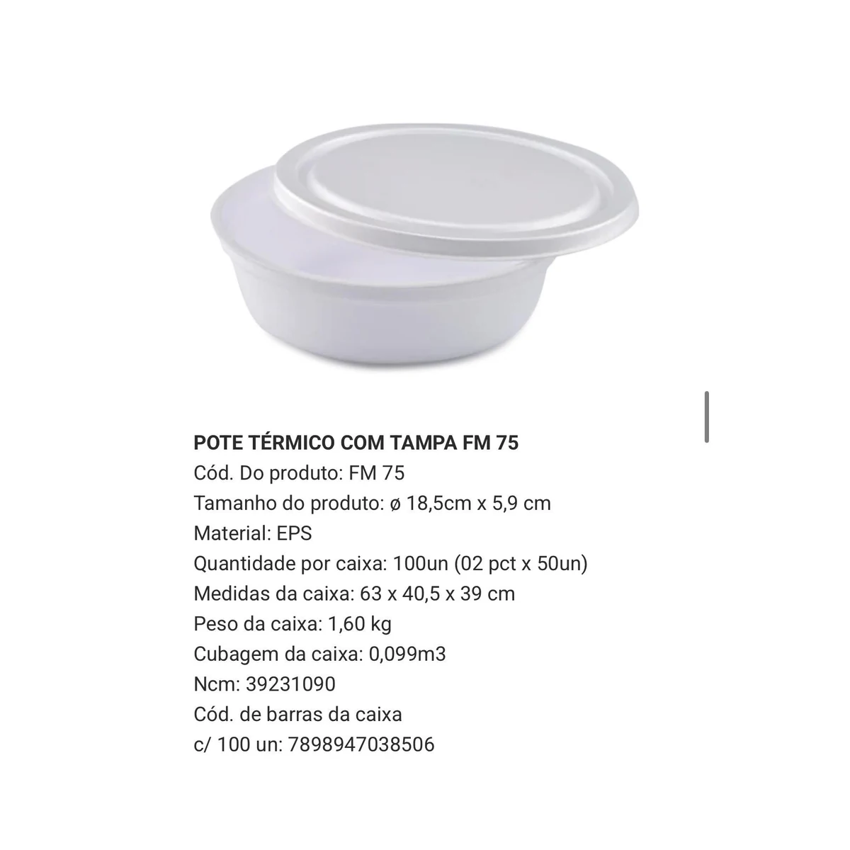MARMITA ISOPOR FM75 C/ 100UN